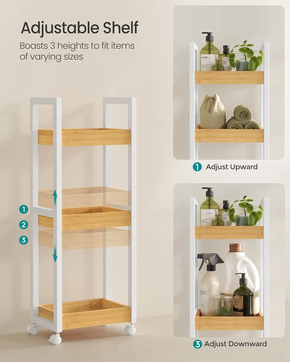 Bamboo Living Room, Bedroom, Kitchen, Bathroom, Third Floor with Swivel Wheel Bamboo Storage Rack