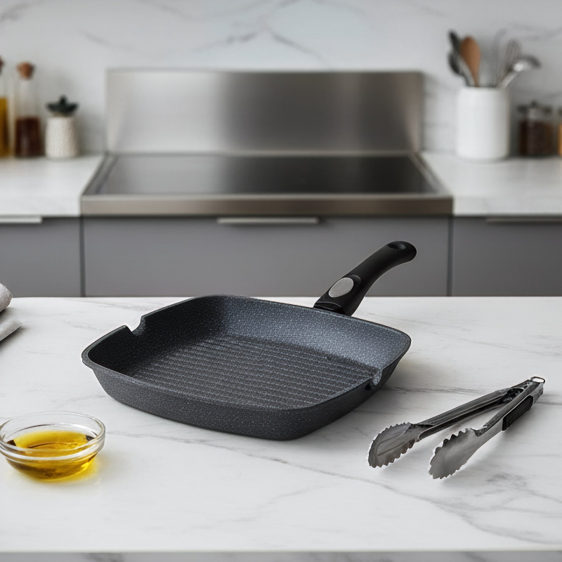 Hot Kitchenware Die Casting Aluminym Grill Pan Marble Steak with Detachable Handle
