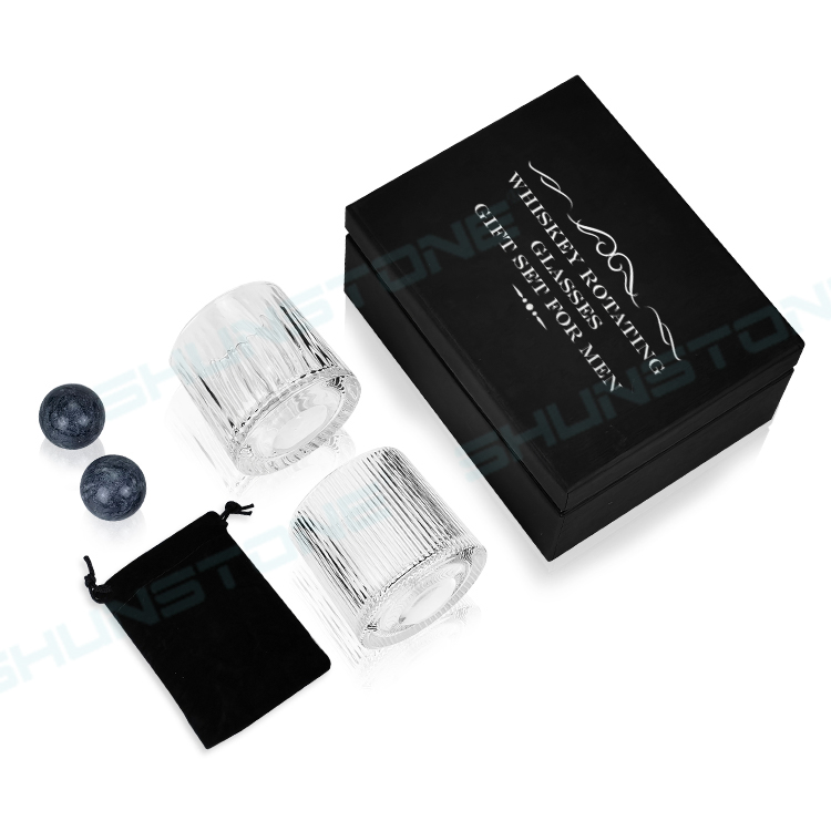 Shunstone Creative Natural Granite Chilling Whiskey Stone Ball and Rotating Whisky Glass Set Gift Box for Men