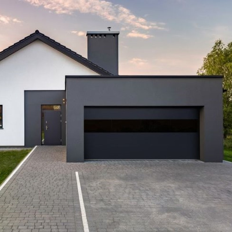 Stylish High - Quality Dark - Colored Car Garage Door with Wooden Accents, Customizable