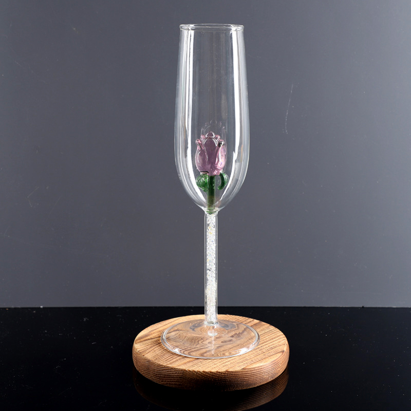OEM Hand Blown Heat Resistant Rose Wine Glass Cup Borosilicate Decorative Champagne Wine Glasses