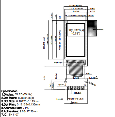 Белый OLED-дисплей 0.78 дюйма, разрешение 80x128