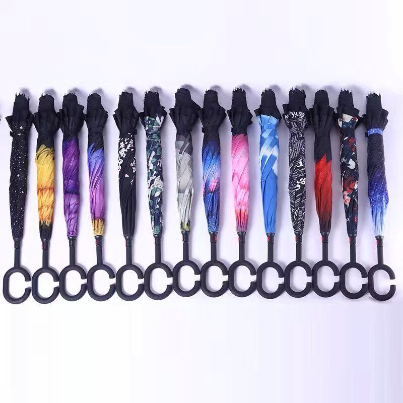Lily Print Car Reverse Straight Manual Umbrella Windproof Function
