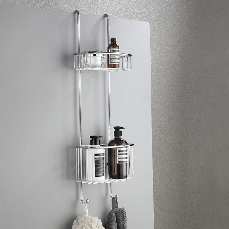 Stainless Steel Shower Room Hanging Basket 2 Tier Bathroom Shelves with Hooks