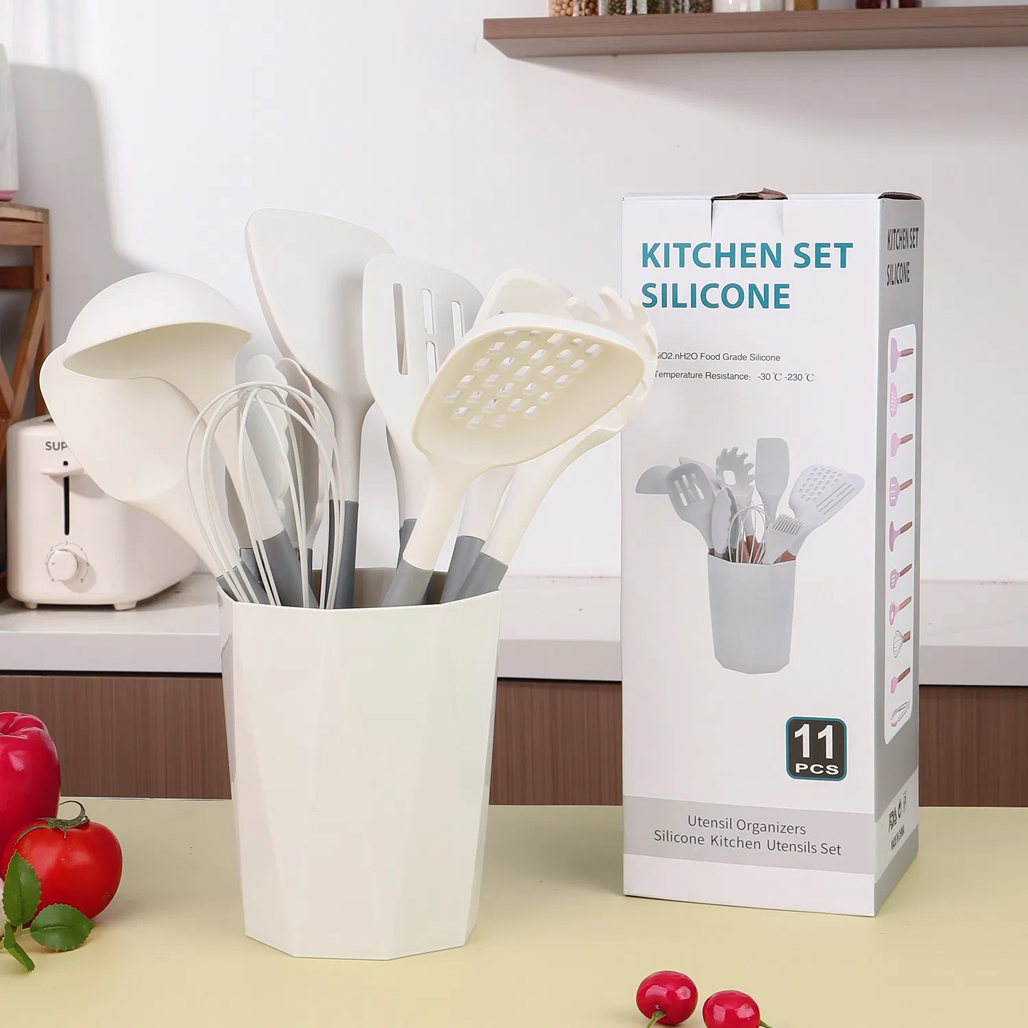 11-Piece New PP Flat Handle Silicone Kitchenware Set for Home Use, Including Spatulas and Soup Spoons, with Storage Bucket, Silicone Cooking Utensil Set