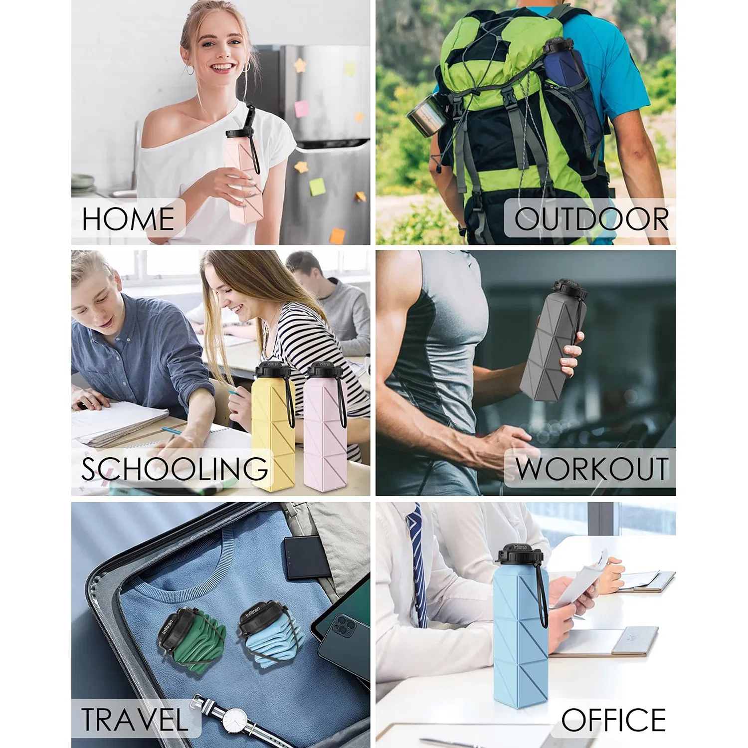 Collapsible Water Bottles, BPA-Free Silicone Foldable Water Bottle with Straw Strap 20.6oz, Leak-Proof Durable Lightweight Bottle for Gym, Travel, Camping, Hiki