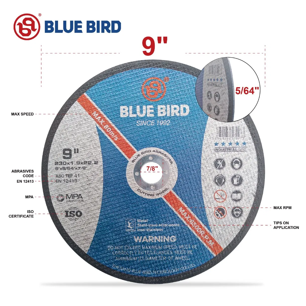 9 Inch, 230 *1.9*22.2 Blue Bird Quality Resin Cutting Disc, Double and Half Net, Super Thin Cut