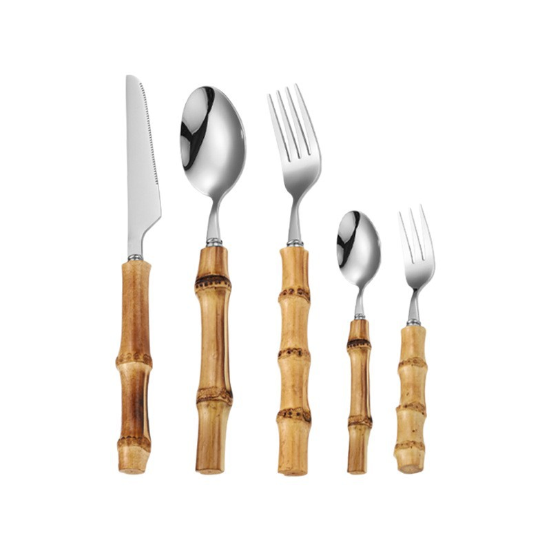 Cutlery Set with Bamboo & Wood Handle /Dinner Knife Fork & Long Handle Spoon
