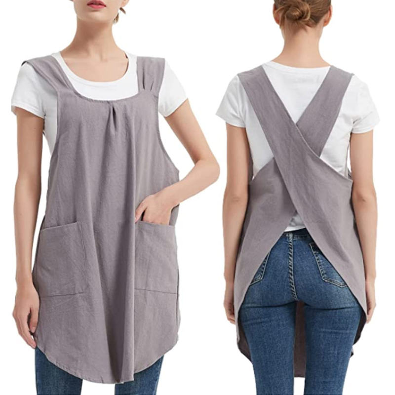 Waterproof Linen Apron for Women Pockets Cross Back Cute Apron Dress