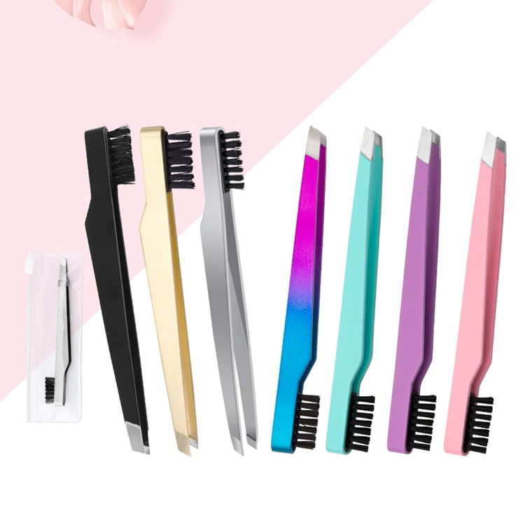 Wholesale Custom Private Label Stainless Steel Eyebrow Brow Hair Slant Tweezers with Brush