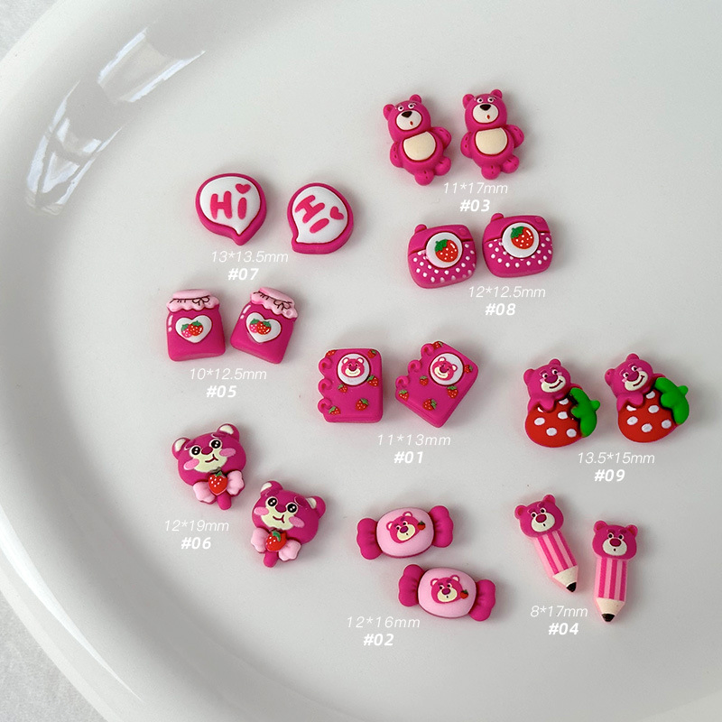 Cartoon Kawaii Resin Rose Red Strawberry Teddy Bear Nail Charms