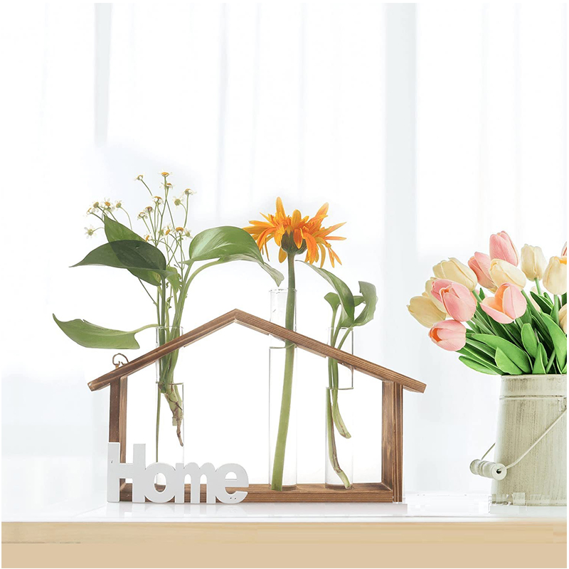 Wooden Stand Wall Hanging Planters with 3 Hydroponic Plant Glass Vase for Home Office