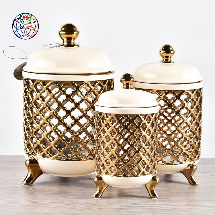Luxury Gold Restaurant Candy Royal Dubai Glass Jar with Ceramic Lid