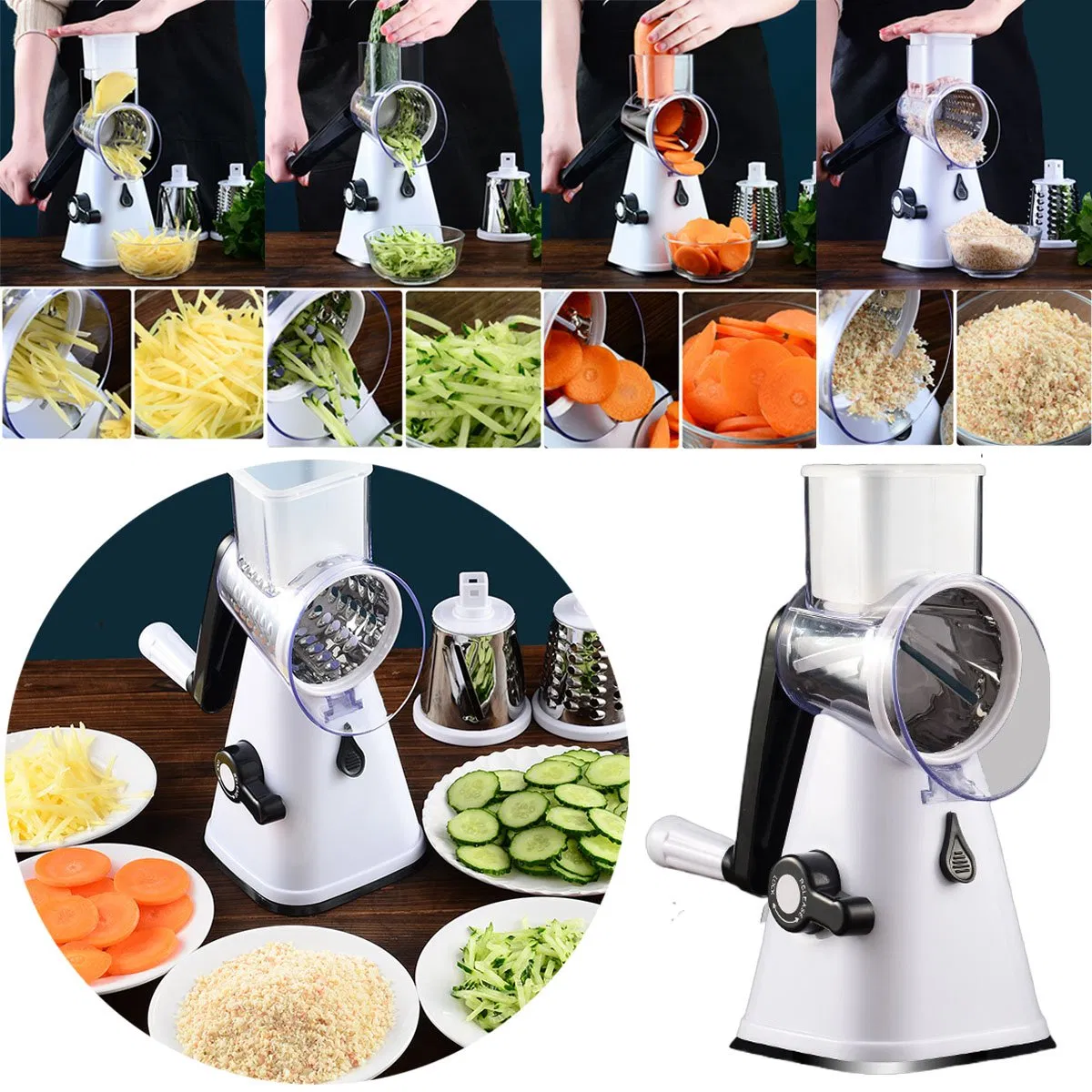 Rotary Cheese Grater with Handle Vegetable Shredder with 3 Stainless Steel Drum Blades