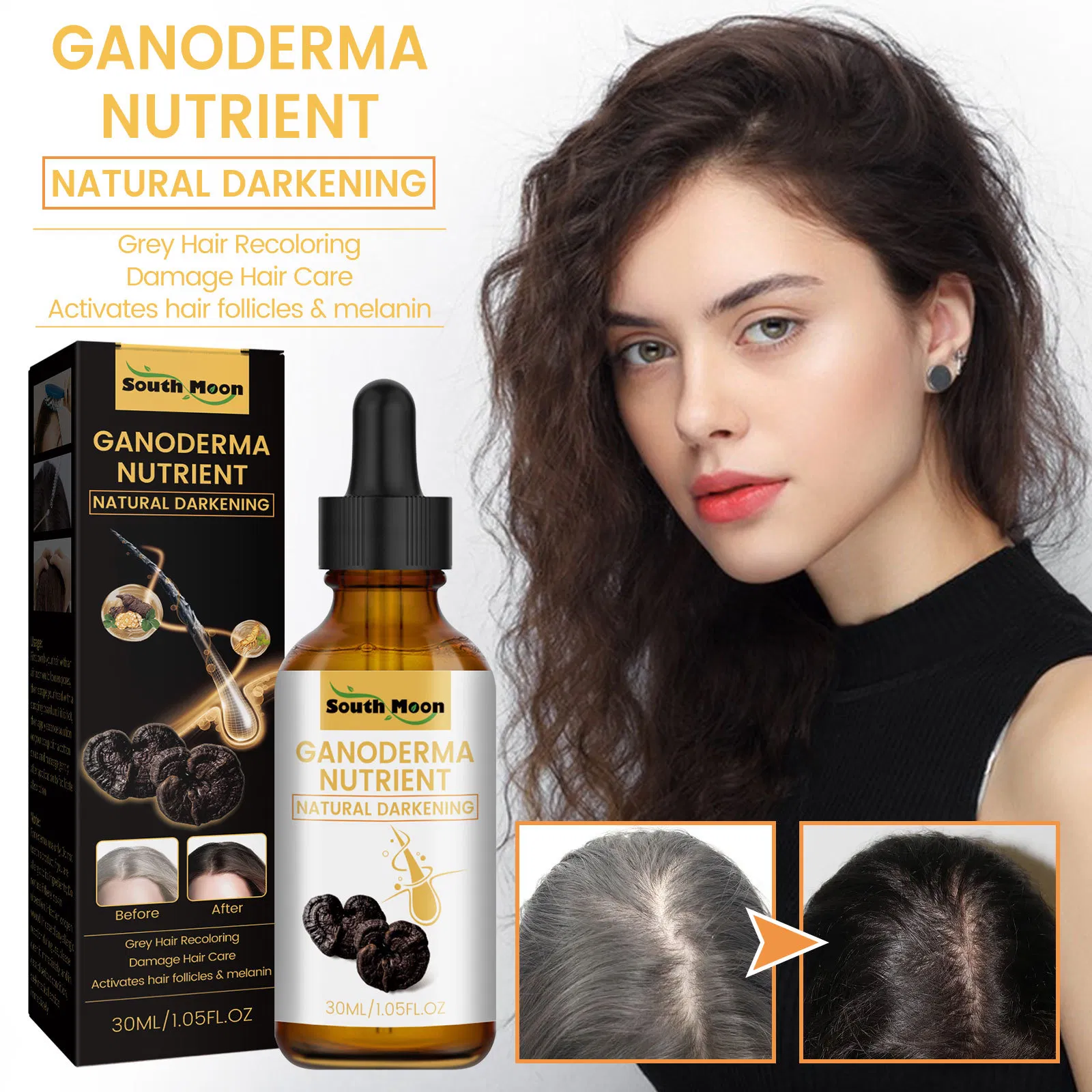 30ml Black Ganoderma Lucidum Hair Regrowth Oil Anti Loss Scalp Treatment Hair Color Protection Oil