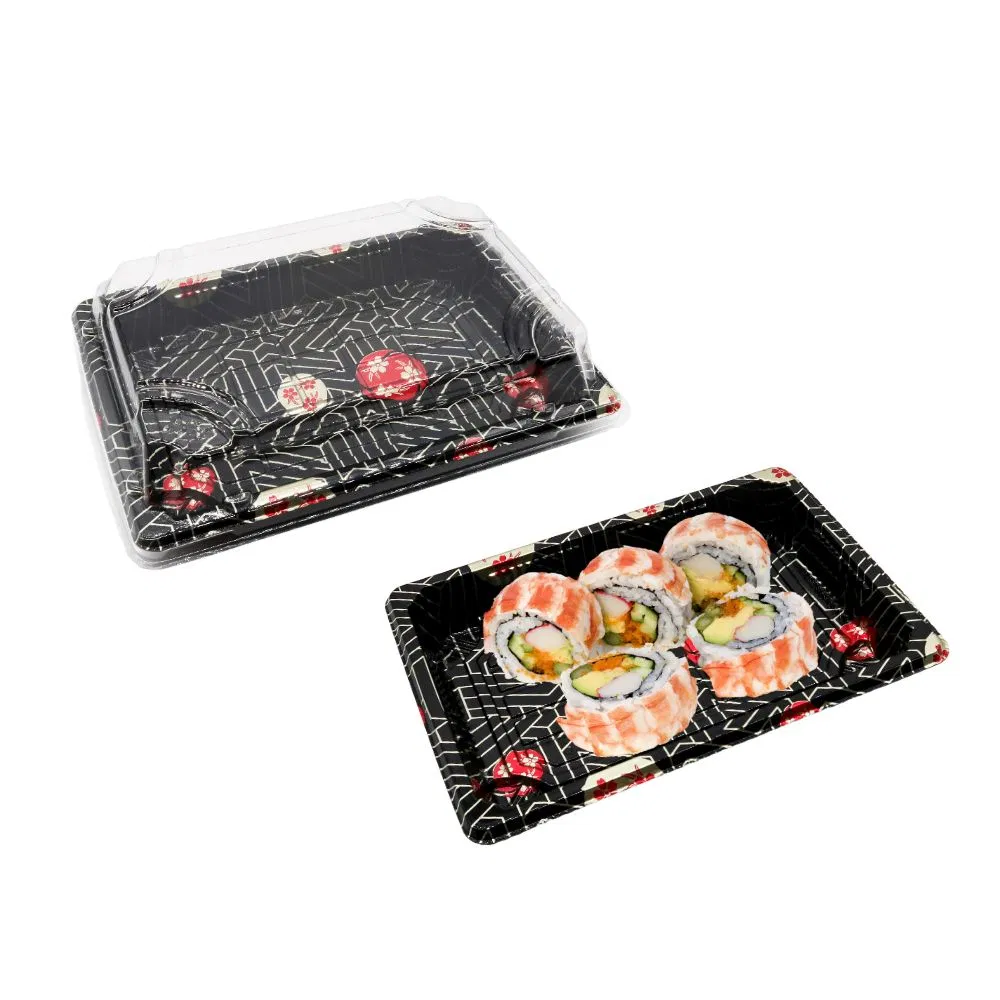 Hot Sales Black Sakura Printing Disposable Sushi Roll Food Packaging Food-Grade Plastic Take Away Desserts Food Container Rectangle Sushi Tray with Clear Lid