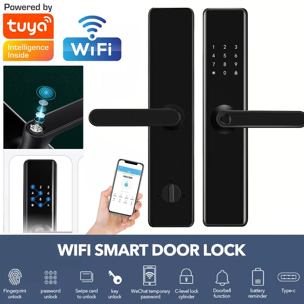 French Voice Speaker WiFi Remote IC Card Tuya WiFi Remote Control Ttlock APP Fingerprint NFC Smart Home Door Lock