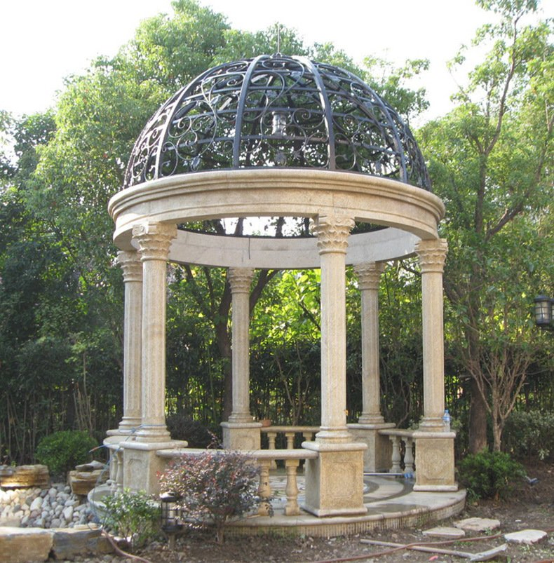 Outdoor Garden Natural Beige Column Stone Gazebo Pergola Sculpture