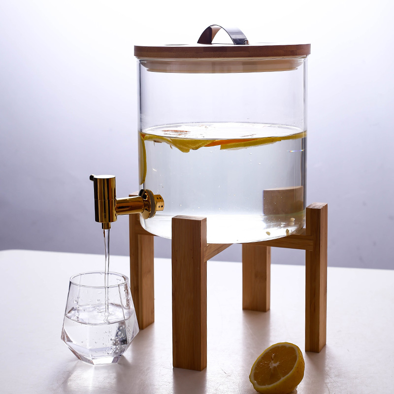 Elegant Large Glass Wine Barrel with Wooden Stand and Metal Tap