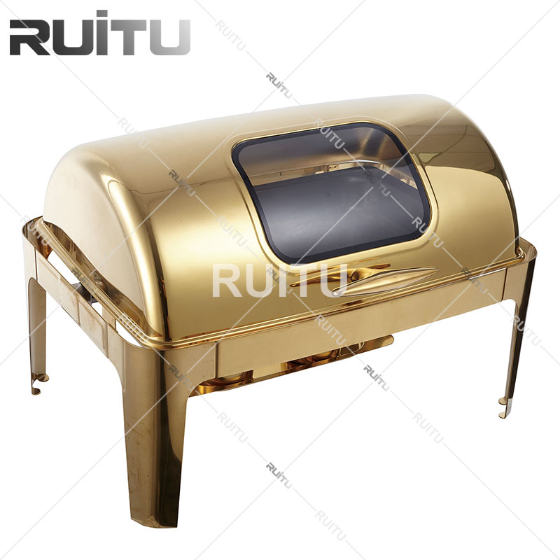 9qt Rectangle Roll Top Golden Chafing Dish Set Chafer with Full-Size Pan Stainless Steel Catering Warmer Server with Lid Water Pan Stand Fuel Holder Meal Clip