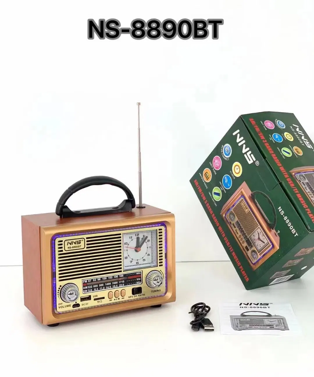 Ns-8890bt Wooden Retro Radio with FM/Sw, Portable Multifunctional Bluetooth Speaker with Clock