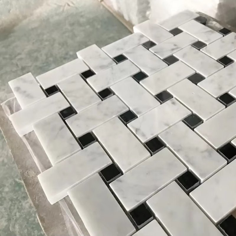 Carrara White Basketweave Tile with Nero Marquina Dots Mosaic Tile for Floor and Wall