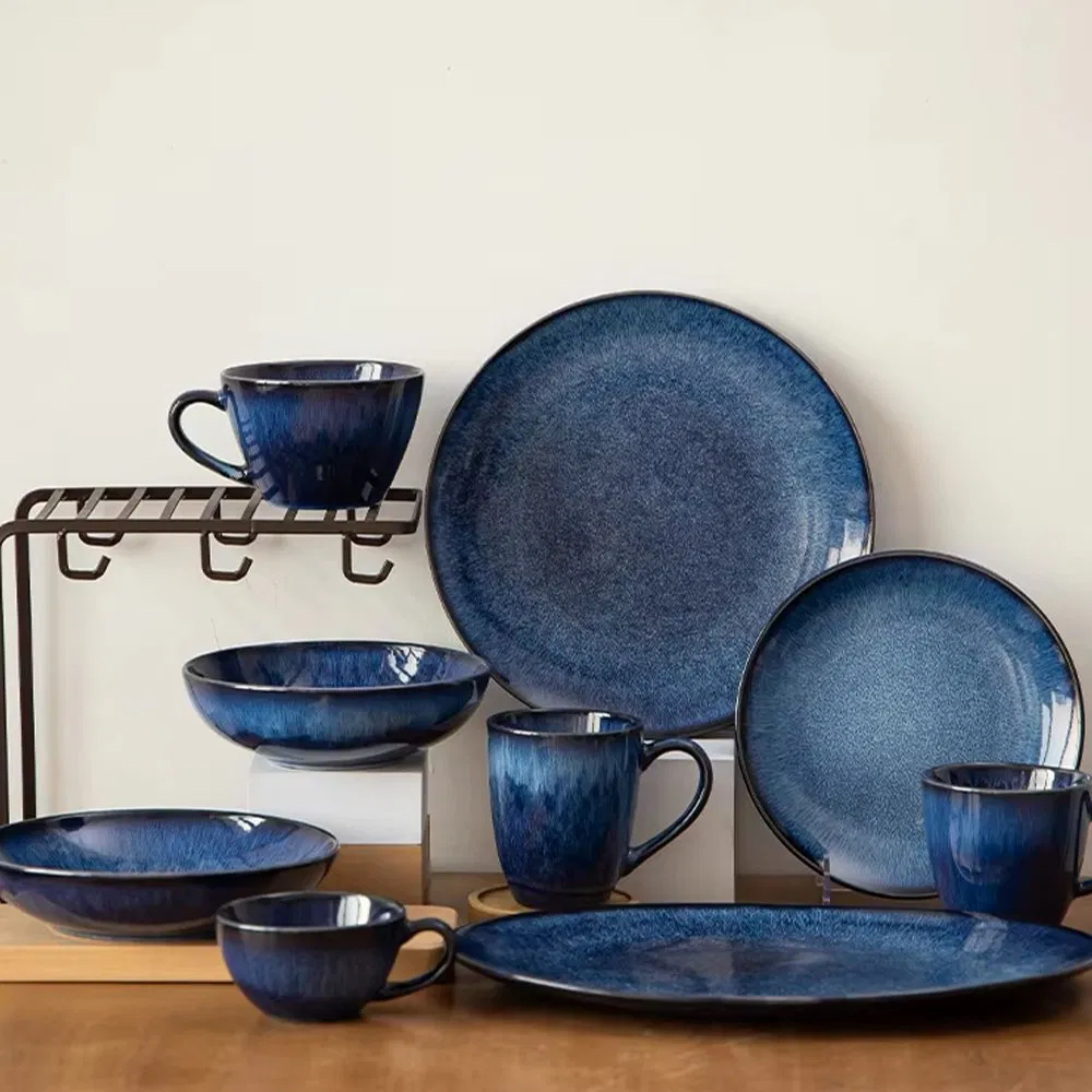 High Quality Blue Porcelain Dinnerware Set Wholesale Nordic Style Europe Ceramic for Home Dishes Plates Restaurant Stoneware