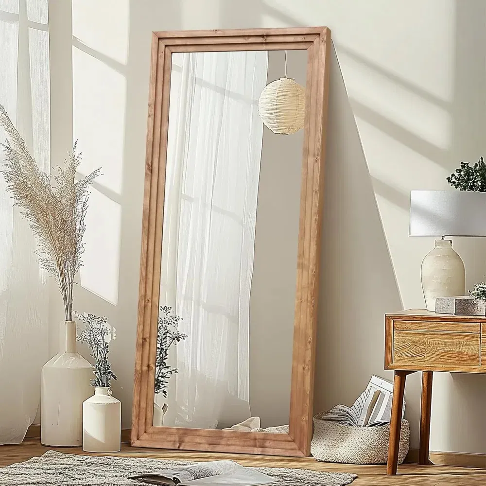 120*60 Cm Solid Wood Frame Floor Large Mirror for Living Room, Bedroom Hanging or Leaning Wall-Mounted, Light Brown