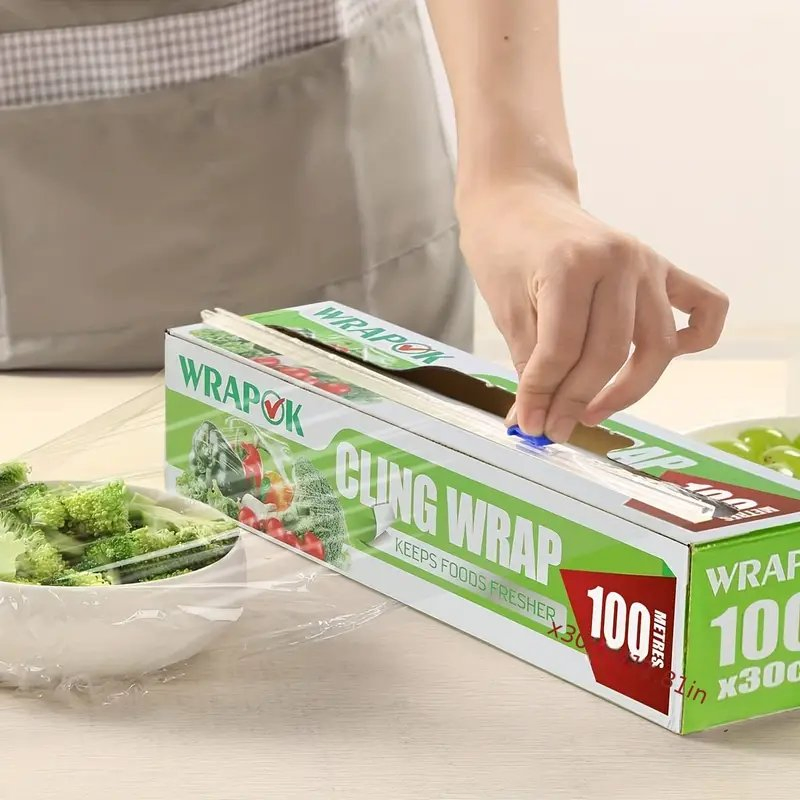 PE Plastic Wrap Cling Frim with 984FT/300m - Super Durable, Hand-Tear, Trouble-Free, Perfect Cutting, Suction Cup Cutter, Ideal for Kitchen & Holiday Gifts