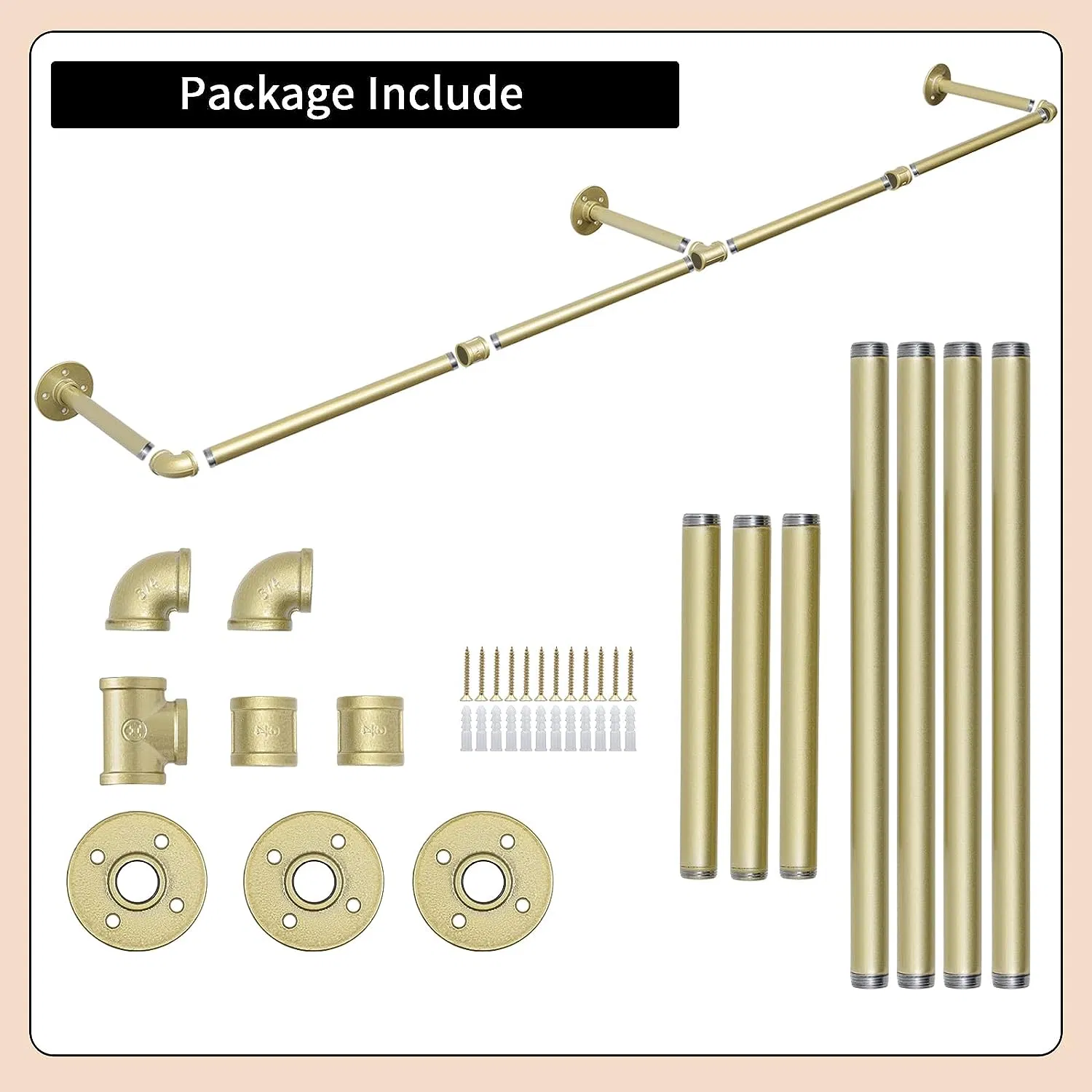 72inch Gold Wall Mounted Clothes Rack Industrial Pipe Garment Rack Hanging Rod Bar for Closet Storage