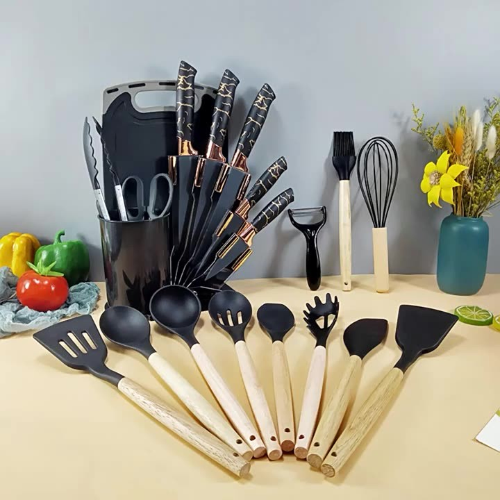 Silicone Kitchen Utensils Sets with Wooden Handle 20PCS 20 PCS 20 Pieces Silicone Utensils Sets Silicone Cooking Utensils Set Kitchen Utensil Silicone Cookware