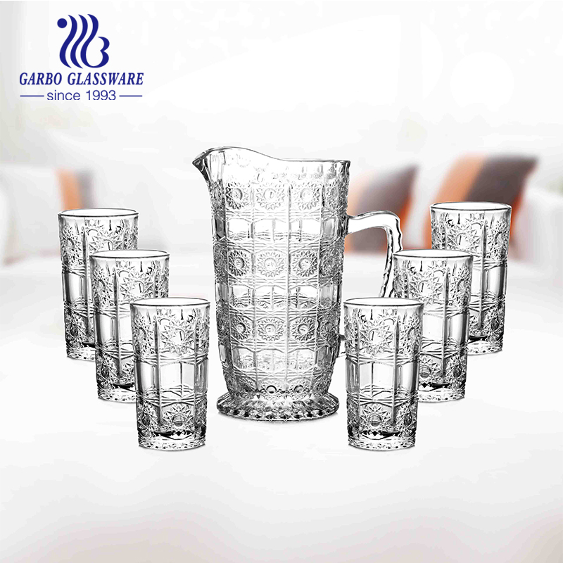 Wholesale 7 Pieces Glassware Set, Floral Decor Glass Pitcher and Tumbler Set Drinking Glassware Set