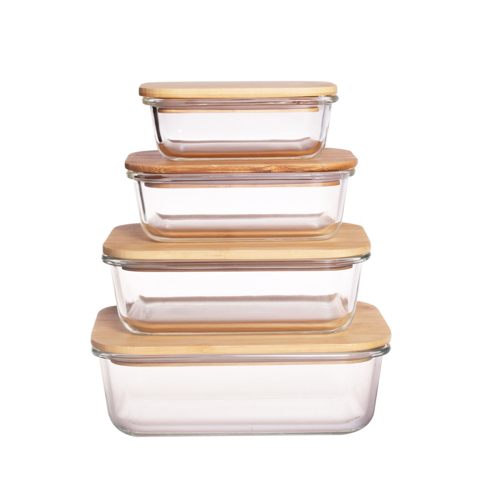 Wholesale Borosilicate Glass Food Container with Bamboo Wooden Lid