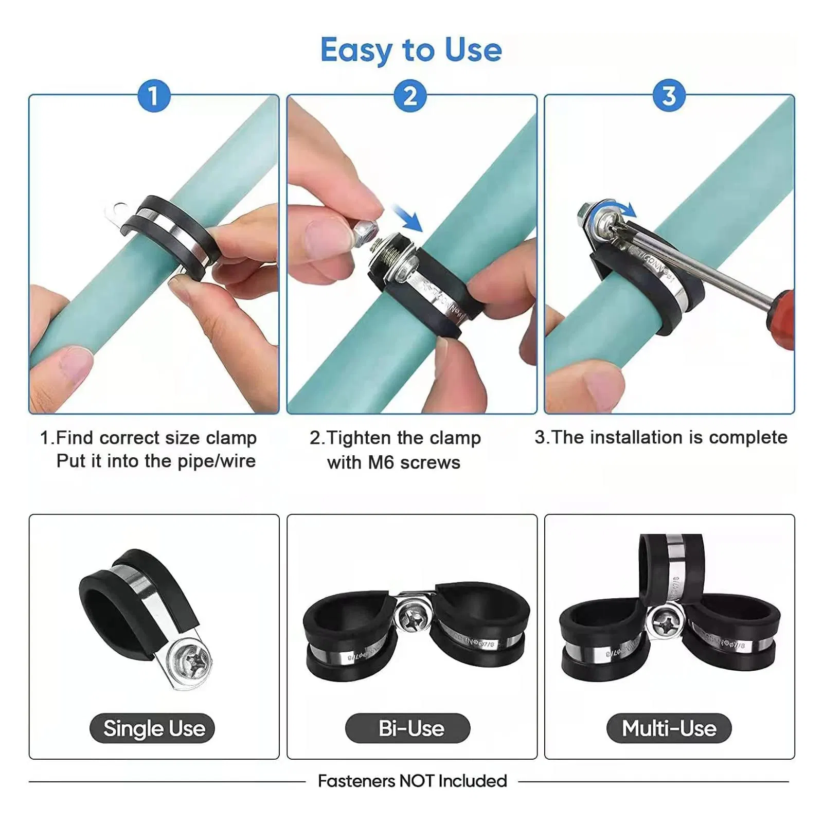 Rubber Lined Pipe Clips 304 Stainless Steel R Type Cable Clamps with Rubber, Loop Clamps, Pipe Clamps, Metal Wire Clamps Pipe Bracket Clamps P Clip