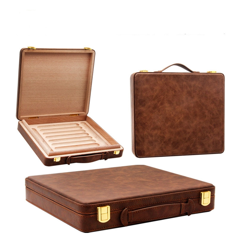 Custom Portable Leather Cigar Humidor Case Box with Handle