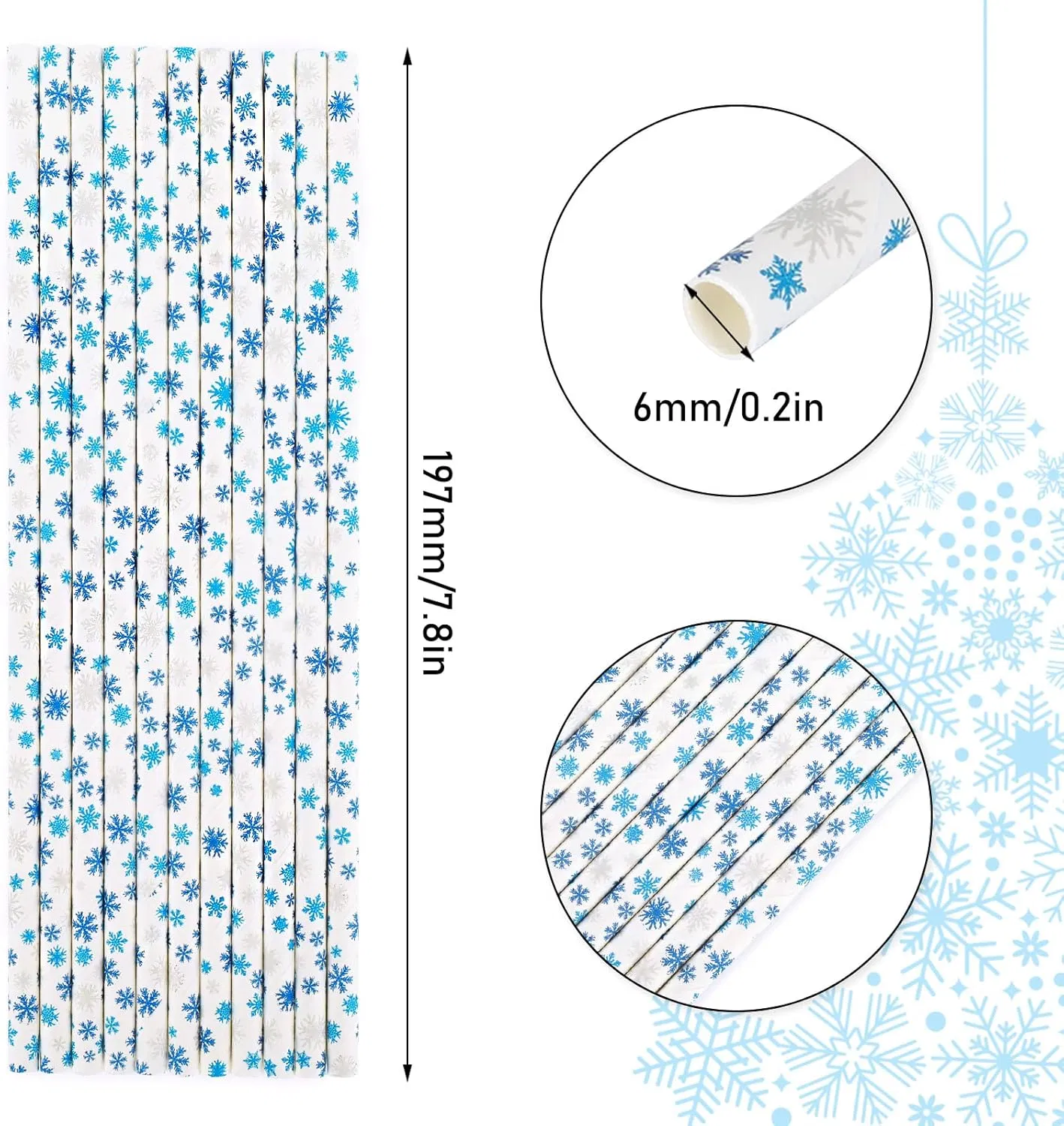 Winter Paper Straws Snowflake Disposable Straw for Winter Holiday Xmas Beverage Cocktail Birthday Home Party