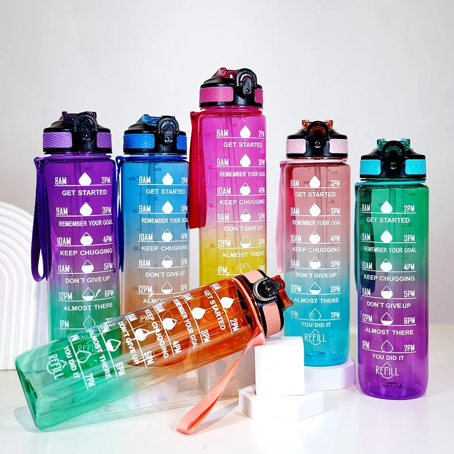 BPA Free Flip Top Cover Drink Water Bottle Travel Cup with Time Marker Straw Strainer 32oz Plastic Sport Gym Motivational Bottle