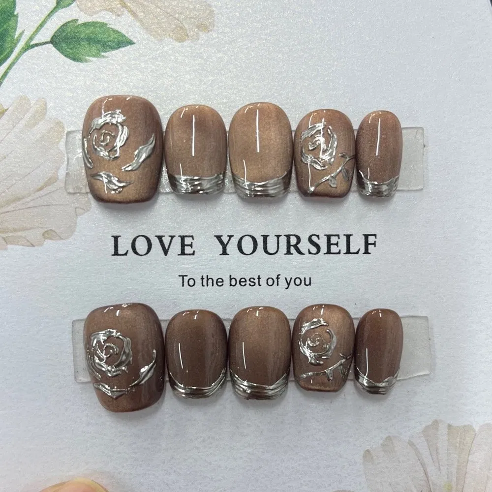 Artisan Hand Painted 3D Floral Cat Eye Press on Nails Set