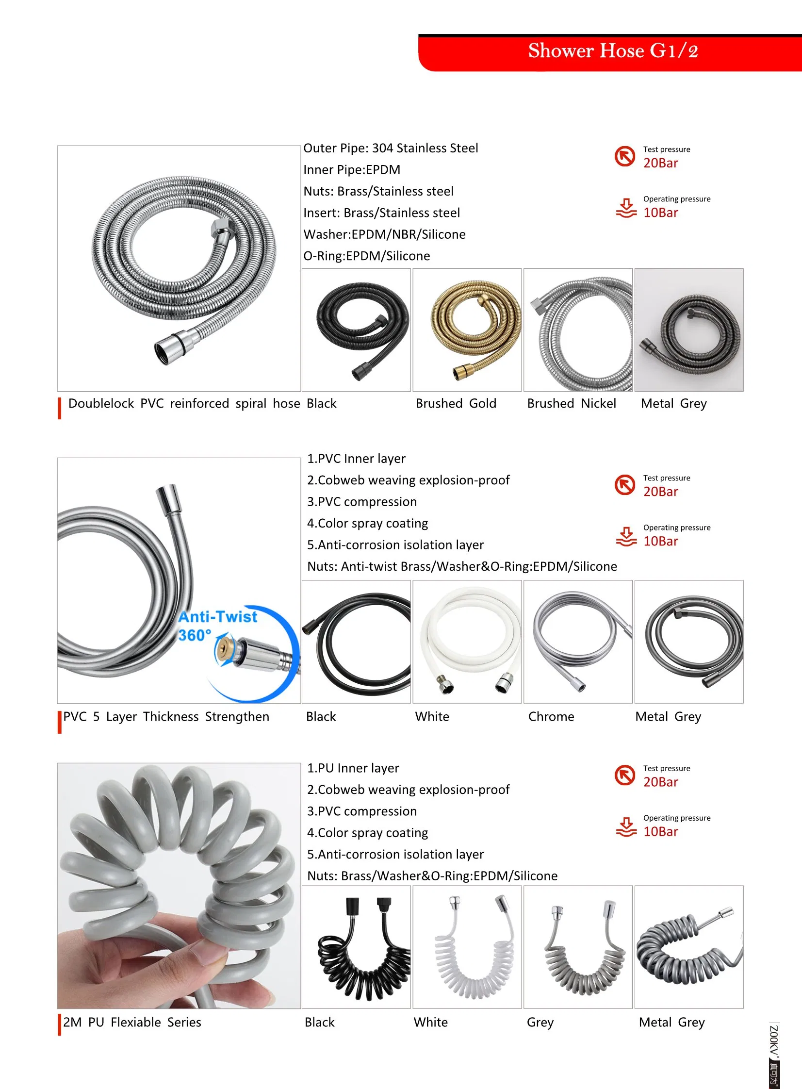 1.2m 1.5m 2m Non-Toxic Leakproof Handheld Shower Head Hose Flexible Anti-Kink PVC Silver Grey Shower Hose