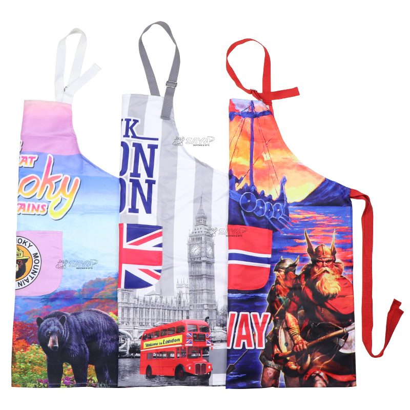 Custom Logo Printed Aprons Souvenir Waterproof Polyester Kitchen Bib Apron with Pocket
