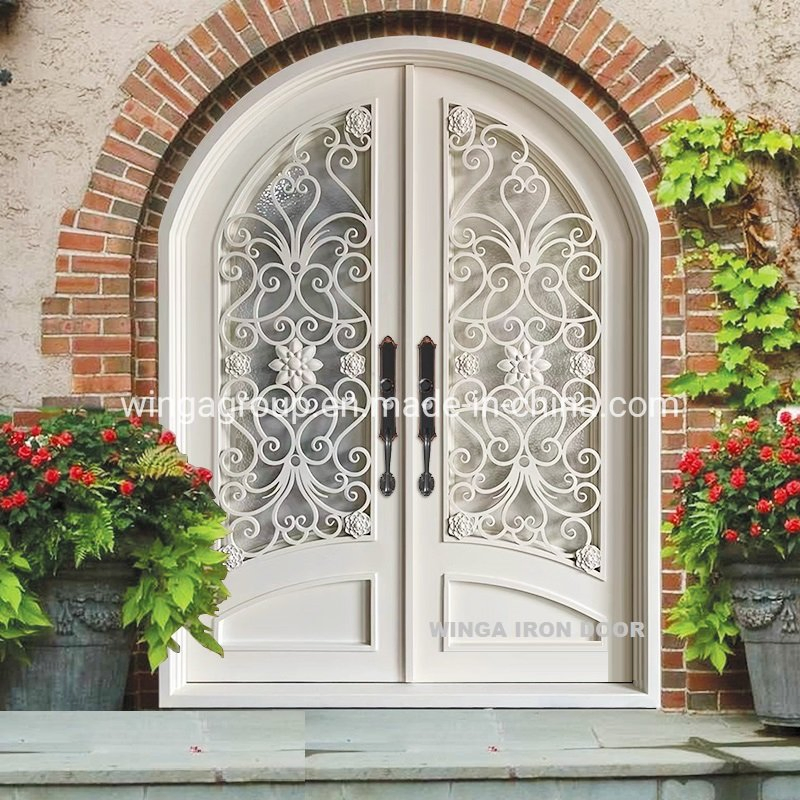 Popular America with Mosquito Net Open Glass Double Dual Leaf Steel Door Front Entry Security Wrought Iron Metal Steel Gate Door