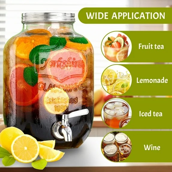 2 Gallon Glass Drink Dispenser Set, Drink Dispensers for Parties Beverage Dispenser with Stand and Stainless Steel Spigot for Juice, Fruit Tea and Lem