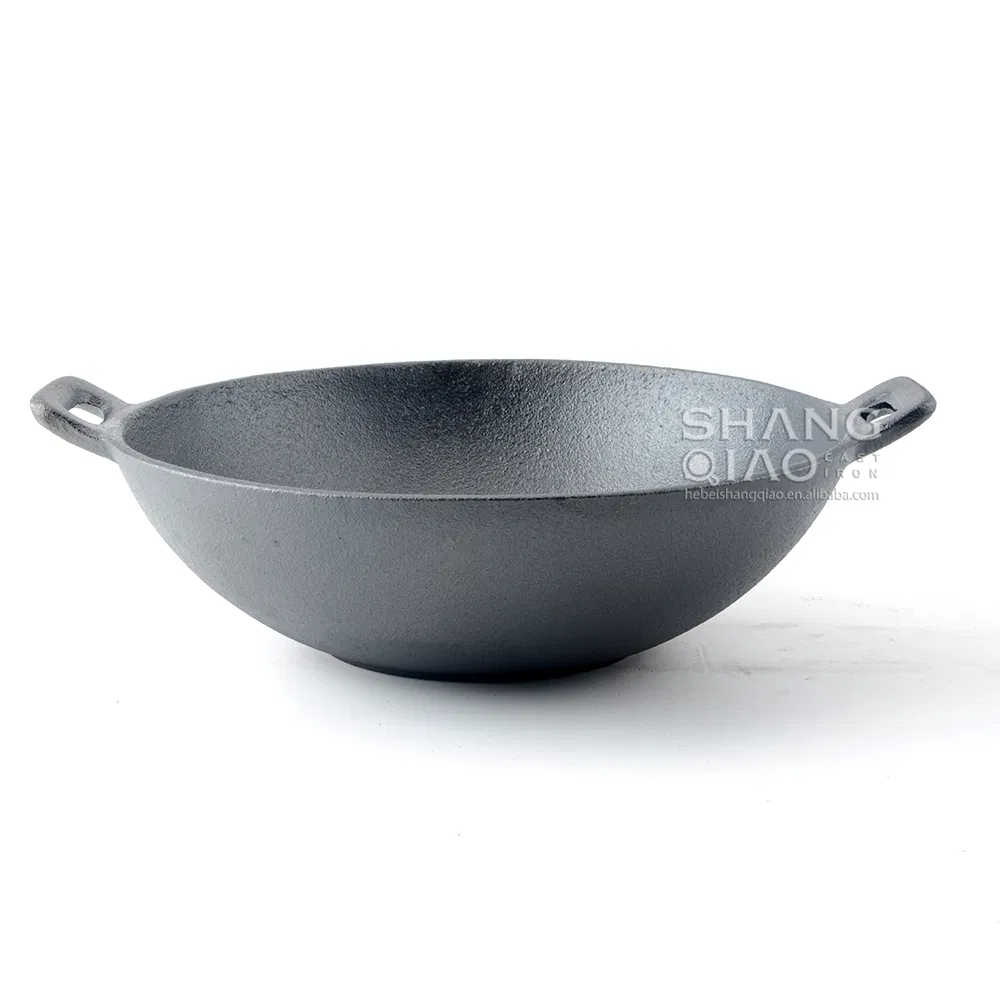 Basic Cast Iron Wok Pan Stir Fry Pans with Double Loop Handles and Flat Bottom Chinese Traditional Woks Frying Pan