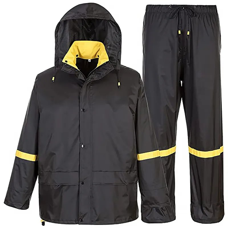 Black Jacket Trousers Waterproof Nylon PVC Coated Reflective Raincoat