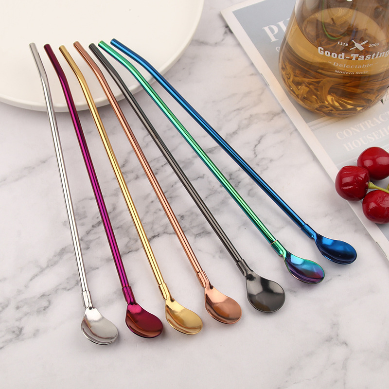 Colored 304 Stainless Steel Reusable 215mm Long Straw with Spoon