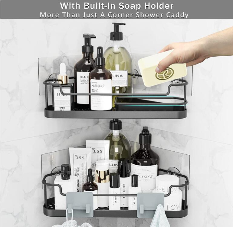 2 Pack-Black Corner Shower Caddy Organizer Basket with Hooks No Drilling Adhesive Wall Mount Bathroom Shelf Shampoo Holder Storage Rack Rustproof