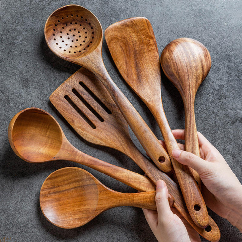 Hot Selling Convenient Kitchen Tool Fork and Spoon Set Wood Spatula Salad Mixing Tools Teak Set