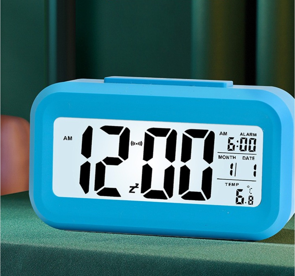 Light Sensor Alarm Table Clock Backlit Display Portable Battery Operated Blue