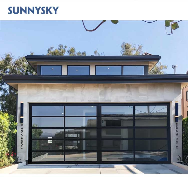 Sunnysky Factory Wholesale Automatic Soundproof Waterproof Security Black Frame Full View Tempered Glass Garage Doors