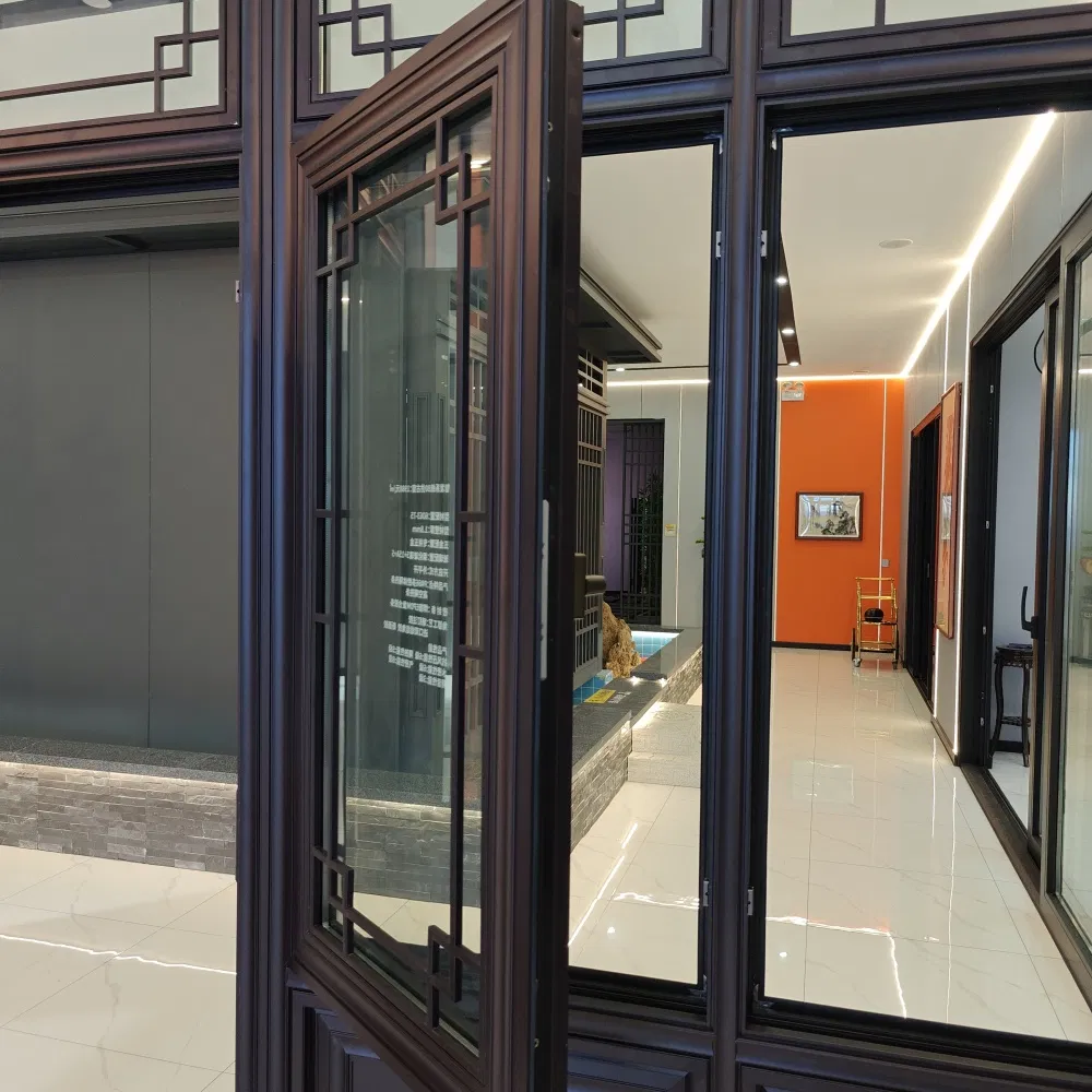 Chinese Style Aluminum Wooden Window with Hand-Carved Floral Grilles for Classic Interiors